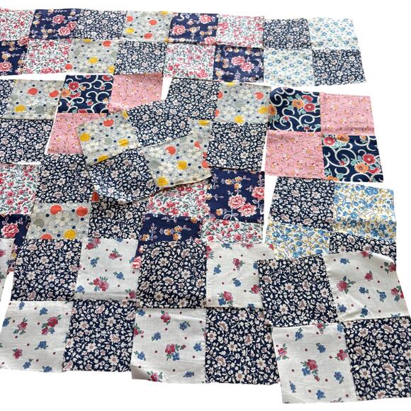 Vintage four patch quilt blocks hand pieced & sewn (21) navy pink gray florals - Picture 2 of 9